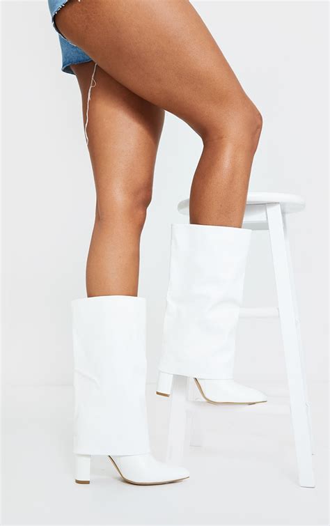 White Fold Over High Point Block Heel Calf Boot Prettylittlething