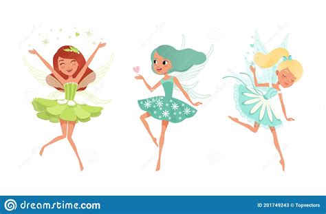 Cute Girls Fairies With Wings Set Beautiful Girls Flying In Pretty