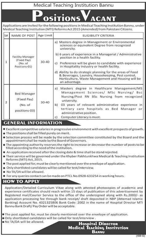 Medical Teaching Institution Mti Bannu Jobs For Manager Job
