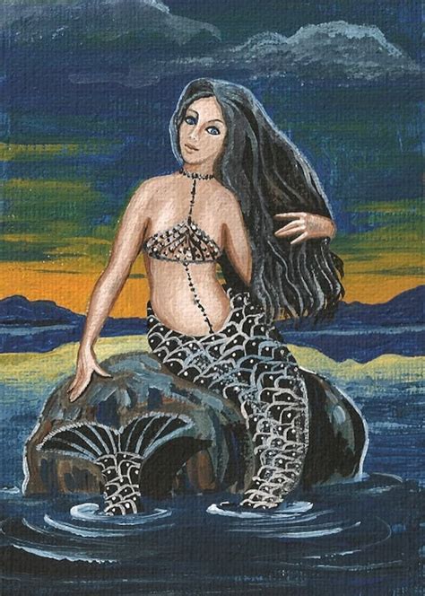 ACEO Mermaid At Night RYTA Seaside Nude Woman Seascape Female Etsy