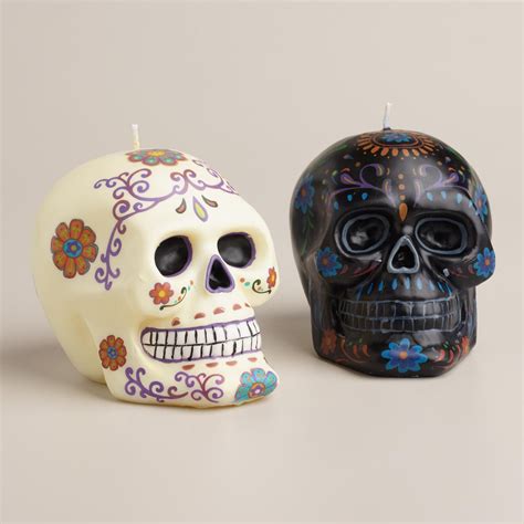 Black And Ivory Los Muertos Skull Candles Set Of 2 Skull Candle