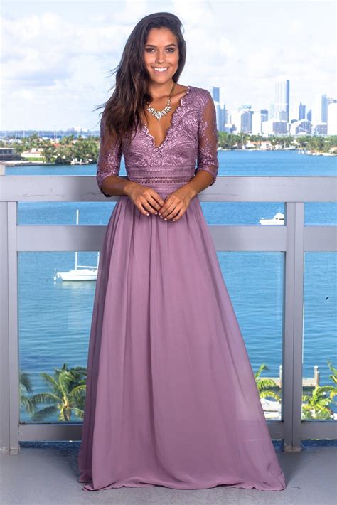 Mauve V Neck Maxi Dress With Mesh Embroidered Sleeves Long Prom Dress