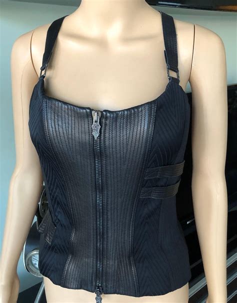 Versace Fw 2003 Runway Leather Bondage Black Corset Top For Sale At