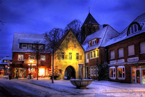 Germany Seasons Winter Houses Street Lights Snow Hdr Street