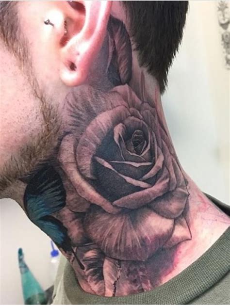Black And Grey Realistic Rose Neck Tattoo Done By Mark Wade At Dark Age