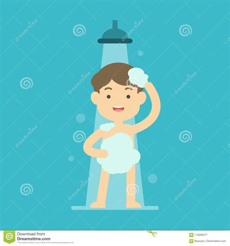Happy Boy Taking Shower In Bathroom Concept Flat Vector Illustration