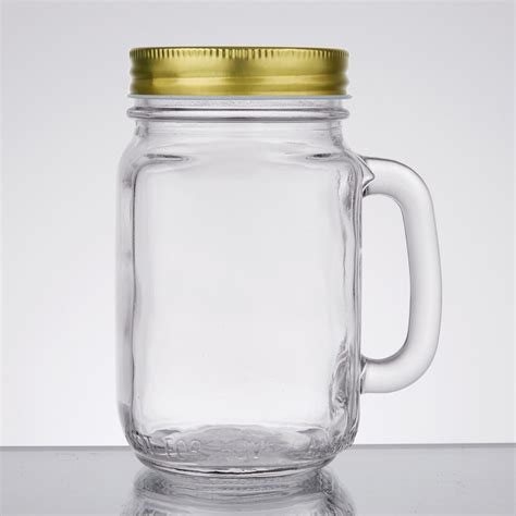 Acopa Rustic Charm 16 Oz Mason Jar Drinking Jar With Handle And Gold Metal Lid 12 Case