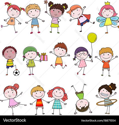 Set Of Cute Happy Cartoon Doodle Kids Hand Drawn Vector Image