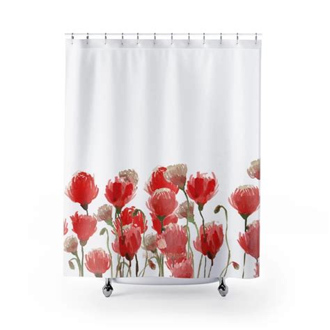 White Red Poppy Shower Curtain Floral Print Polyester Bathroom