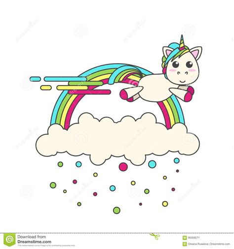 Flying Unicorn With A Rainbow And Cloud With Confetti Stock Vector