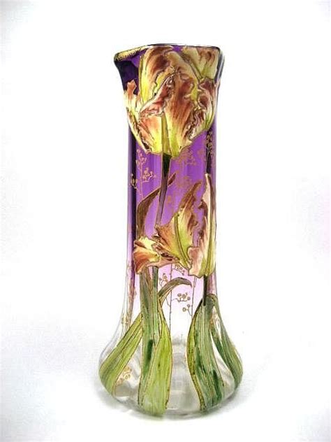 A Very Magnificent Circa 1890 Mont Joye Vase With Enameled Parrot Tulips For Sale On Ruby Lane