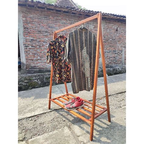 Jual GANTUNGAN BAJU KAYU JATI RAK SERBAGUNA STAND HANGER FULL KAYU