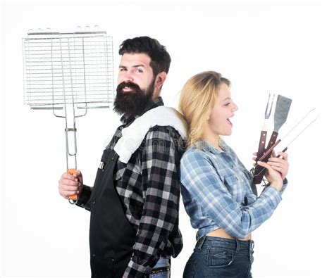 Giving Your Meat A Perfect Look Happy Couple Having Grill Grid For Grilling Bearded Man And