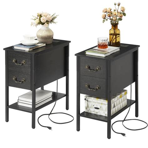 Vecelo Set Of 2 Nightstand With Charging Station Tall Endside Table