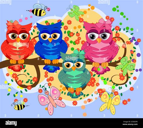 Three Cute Colorful Cartoon Owls Sitting On Tree Branch With Flowers