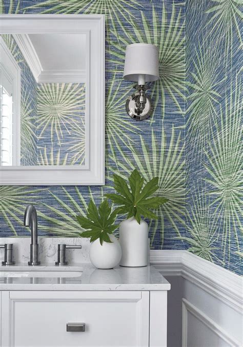 Palm Frond Navy And Green In 2020 Powder Room Wallpaper Modern