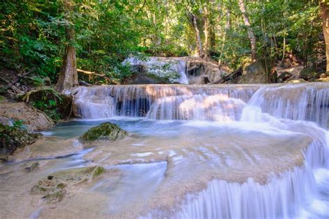 Beautiful Erawan Waterfall In Deep Forest Stock Image Image Of Motion