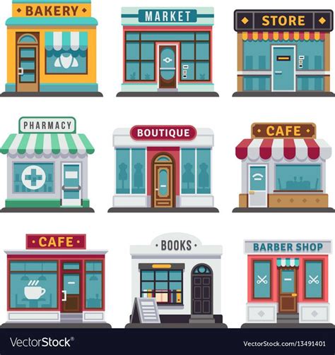 Different Shops And Stores On The Street In Flat Design Style Vector