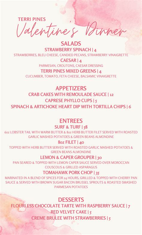 Valentines Dinner Menu Terri Pines