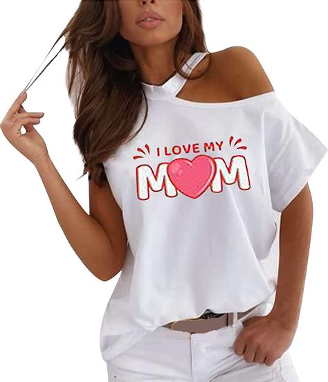 I Love Mom Shirt Womens Short Sleeve Lovely One Off Shoulder Tops