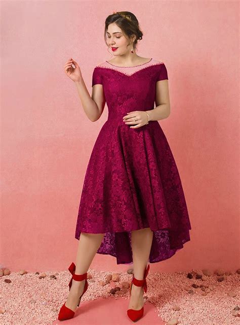 Plus Size Tea Length Red Lace Short Sleeve Prom Dress