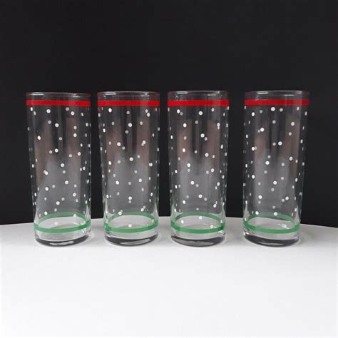 4 Vintage Libbey Christmas Drinking Glasses Tumblers Red Green White Dots Snow Libbey Christ