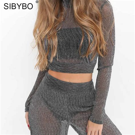 Sibybo Sexy Turtleneck Mesh See Through Crop Top Women Short Long