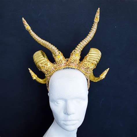 Gold Double Horns Gothic Fantasy Crown Demon Queen Headdress Etsy