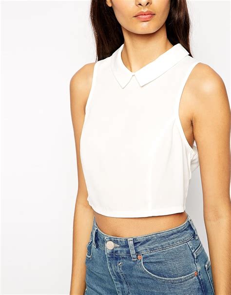 Lyst Asos Crop Top With Collar Detail In Natural