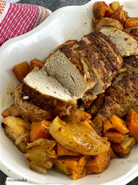 Bourbon Pork Tenderloin With Roasted Sweet Potatoes Apples And Onions