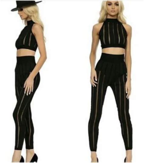 buy black mesh bandage bodycon two piece set women crop top and pants set