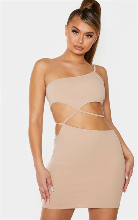 taupe strappy centre cut out detail bodycon dress prettylittlething