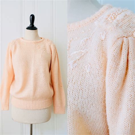 80s Vintage Domagain Light Peach Knit Puffy Sleeve Sweater W Embroidery