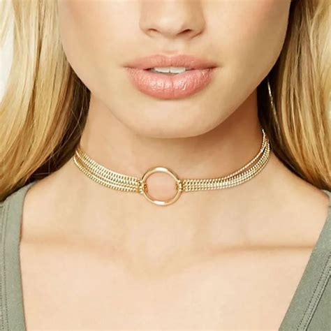 Simple Gold Color Chain Circle Choker Necklace For Women