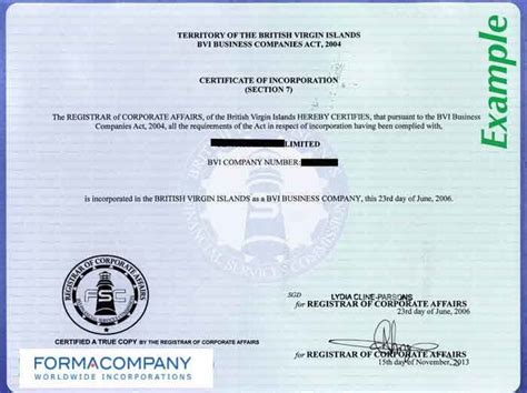 Services and documents in brief in detail legal system. BVI Certificate of Incorporation - formacompany.com
