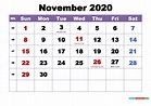 November 2020 Printable Calendar With Holidays Word, PDF