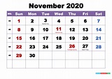 November 2020 Printable Calendar With Holidays Word, PDF
