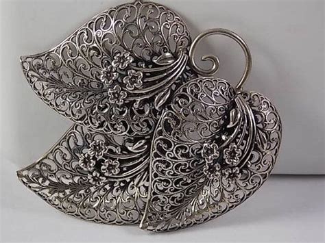 1940s Jewelart Sterling Silver Filigree Brooch 3 Leaves And Etsy