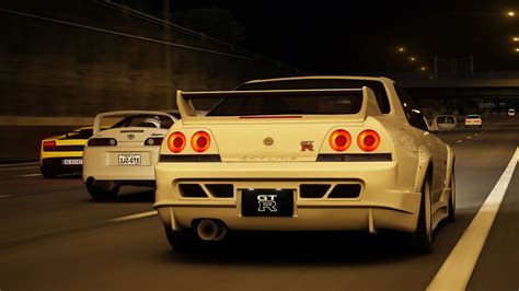 Abflug Nissan Skyline GTR R33 Street Racing At Shuto W Traffic
