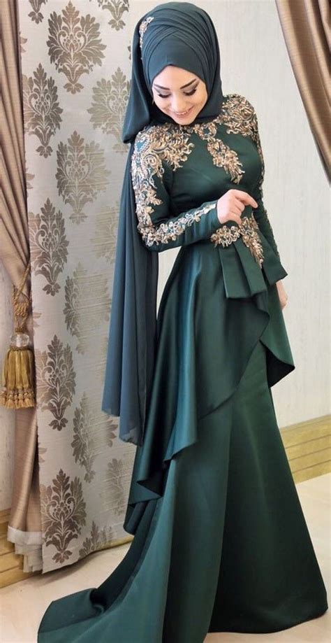 2019 new muslim evening dresses long sleeves satin formal prom dress sweep train hijab islamic
