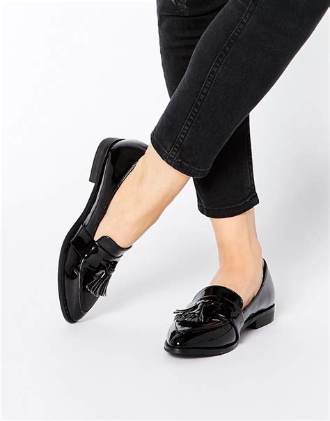Daisy Street Black Patent Tassel Flat Loafer Shoes Black Strappy
