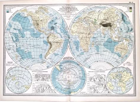 Old Dated 1897 World Map Original Eastern Western Hemisphere Polar