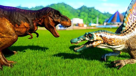 Dinosaur battle the big 4 fight. T Rex vs Spinosaurus, Indominus Rex, Giganotosaurus ...