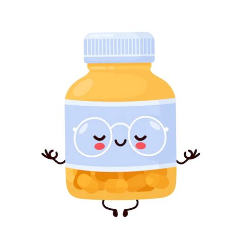 Premium Vector Cute Happy Funny Pill Bottle Meditate Cartoon