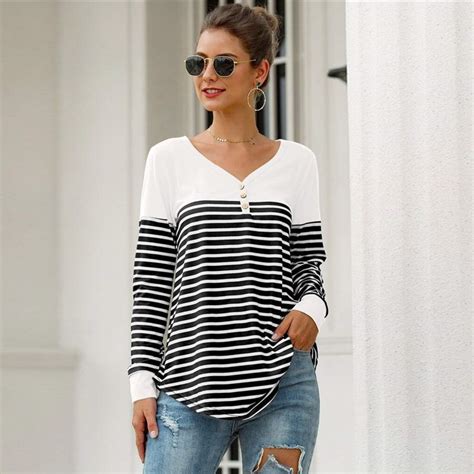 Black And White Striped Button Front Curved Hem Tee Women Spring Half