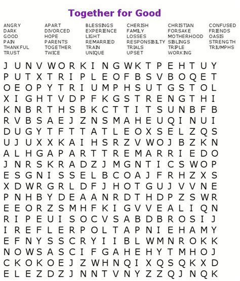 Once the puzzle is displayed, you can use the printable html or the puzzle that is generated will remain on this server for about two months. PRINTABLE WORD SEARCH | Together for Good - Free Printable ...