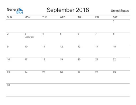 United States September 2018 Calendar With Holidays