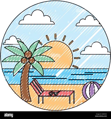 Paisaje De Playa En Verano Tumbona Palm Mar Ball Diseño Redondo