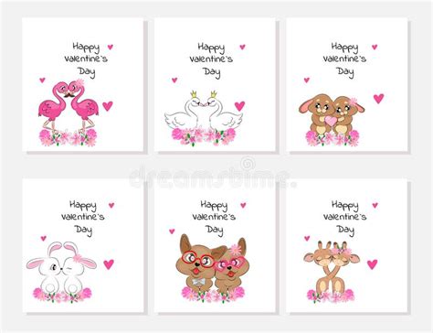 Set Of Valentines Trend Design Enamored Animals Flamingos Swans Hares