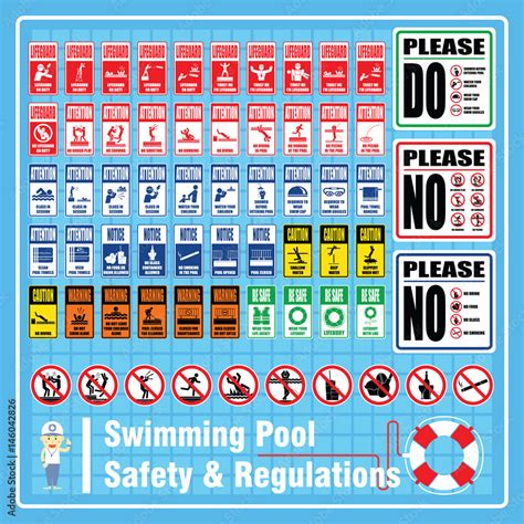Set Of Labels And Signs Of Swimming Pool Safety Rules And Regulations